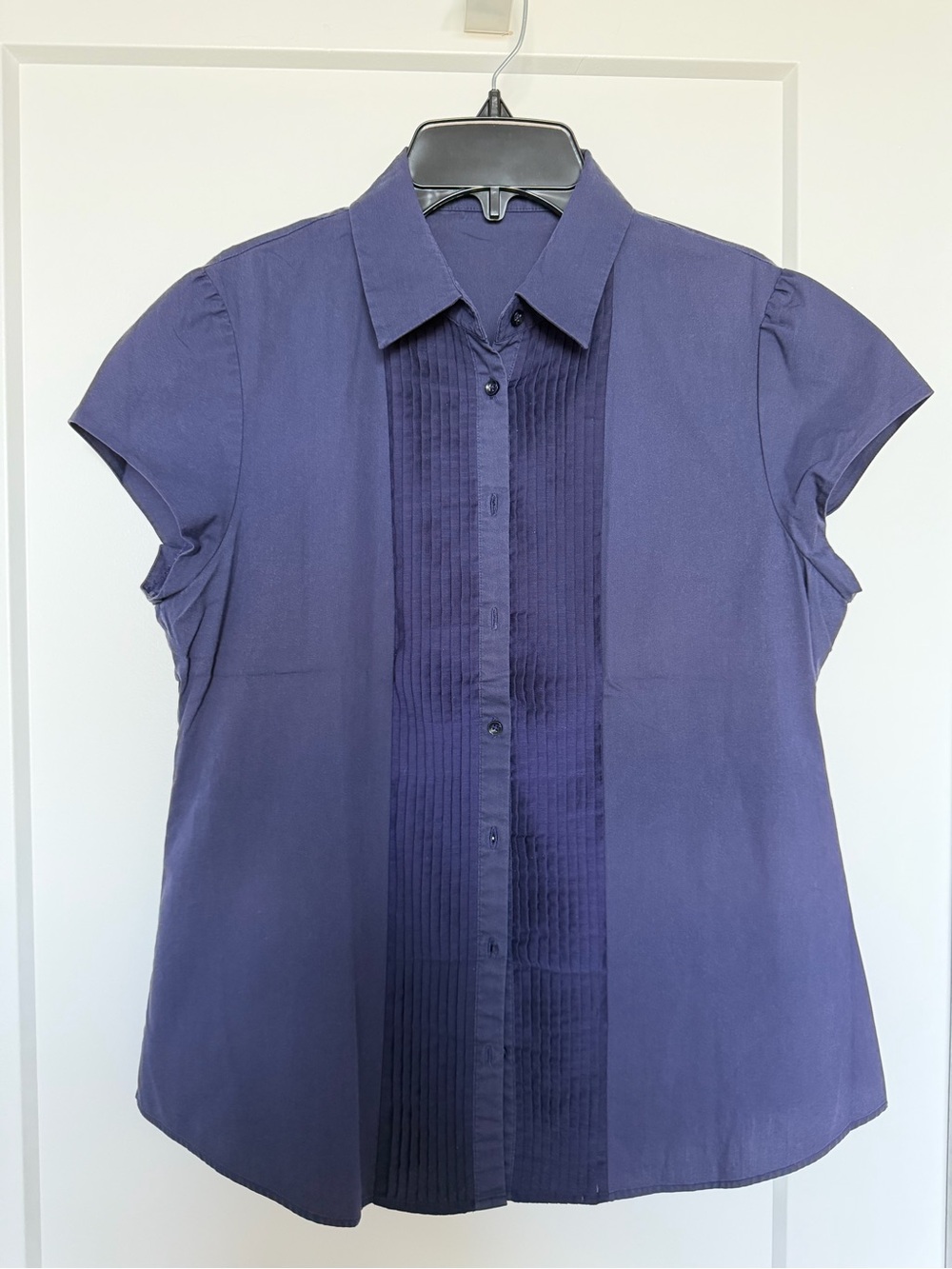 Short-Sleeve Navy Pleated Front Button Blouse